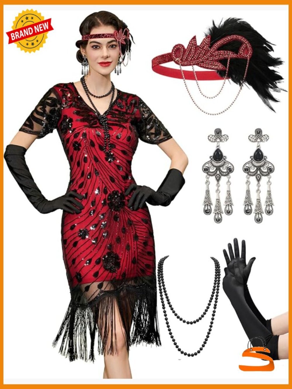 Flapper Dress 1920s Fringe Sequin V-Neck Short Sleeve Zip Closure Costume